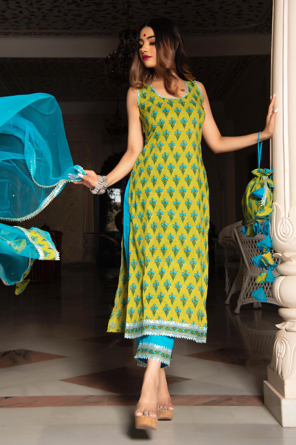 gulzar-blue-hand-block-cotton-suit-set-11403210GR, Women Indian Ethnic Clothing, Cotton Kurta Set Dupatta