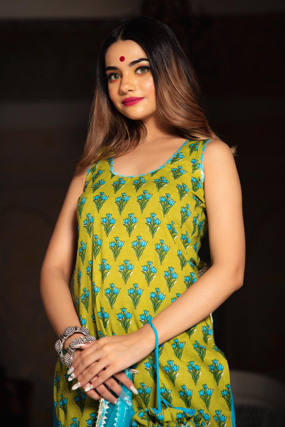 gulzar-blue-hand-block-cotton-suit-set-11403210GR, Women Indian Ethnic Clothing, Cotton Kurta Set Dupatta