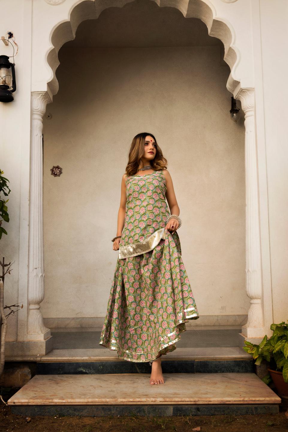 hand-block-print-cotton-kurta-skirt-set-11403190GR, Women Indian Ethnic Clothing, Cotton Kurta Set Dupatta