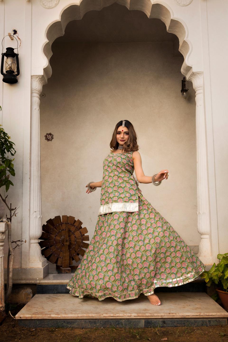 hand-block-print-cotton-kurta-skirt-set-11403190GR, Women Indian Ethnic Clothing, Cotton Kurta Set Dupatta