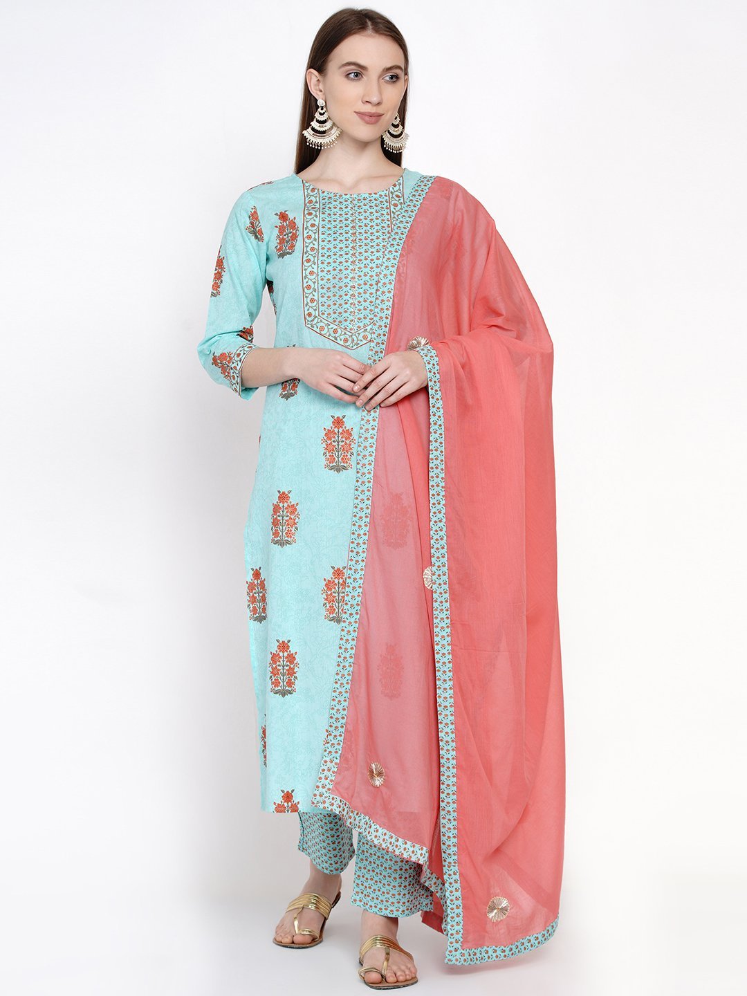 handblock-printed-kurta-dupatta-set-10103002BL, Women Indian Ethnic Clothing, Cotton Kurta Set Dupatta