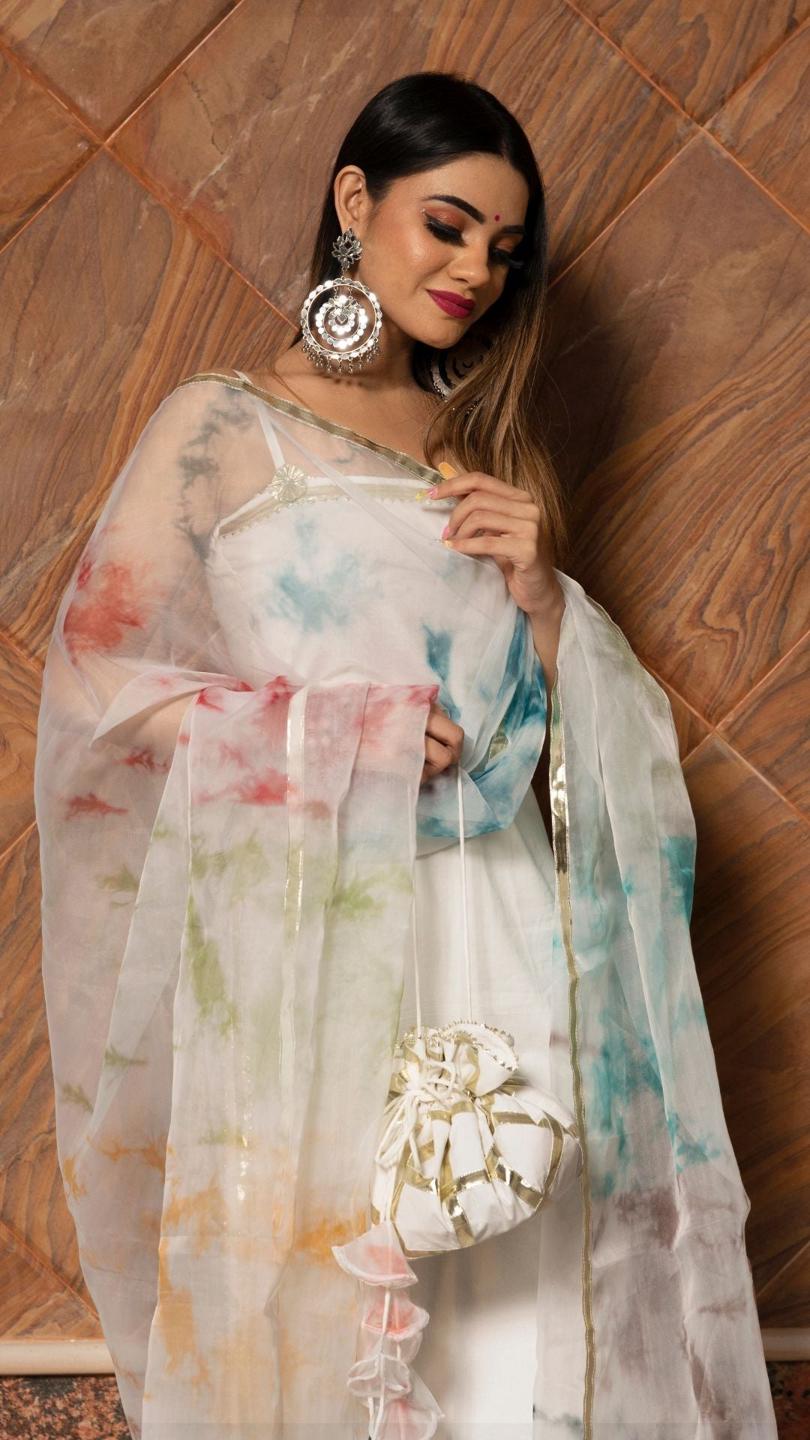 holi-white-suit-set-11403157WH, Women Indian Ethnic Clothing, Cotton Kurta Set Dupatta