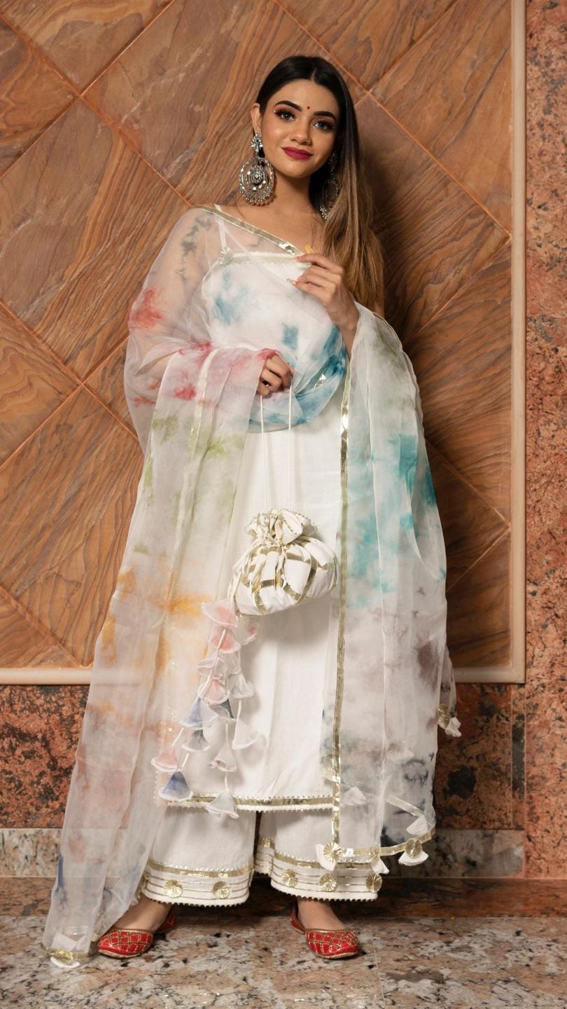 holi-white-suit-set-11403157WH, Women Indian Ethnic Clothing, Cotton Kurta Set Dupatta