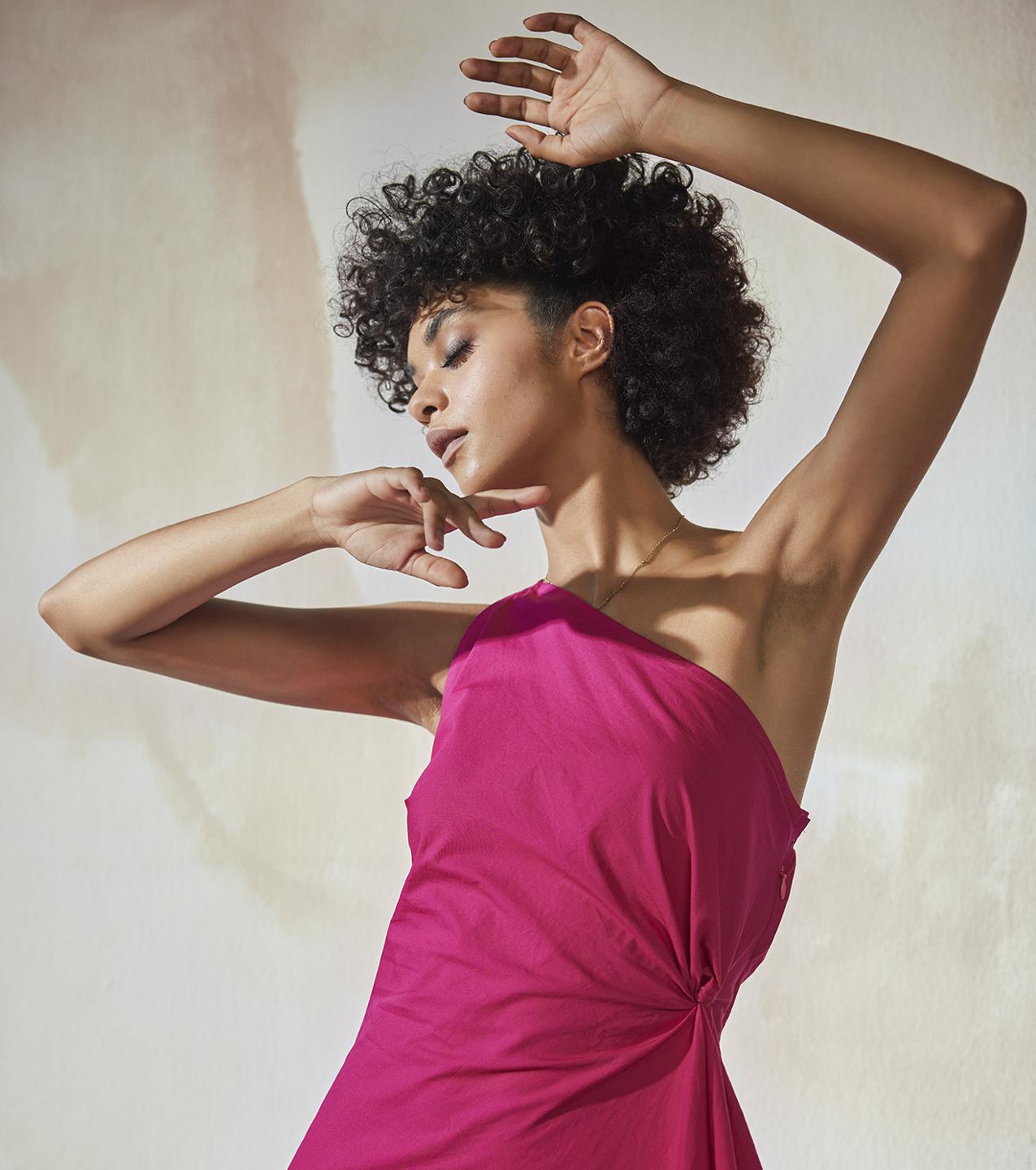 hot-pink-poplin-off-shoulder-fit-flare-dress-11904087PK, Women Clothing, Cotton Dress