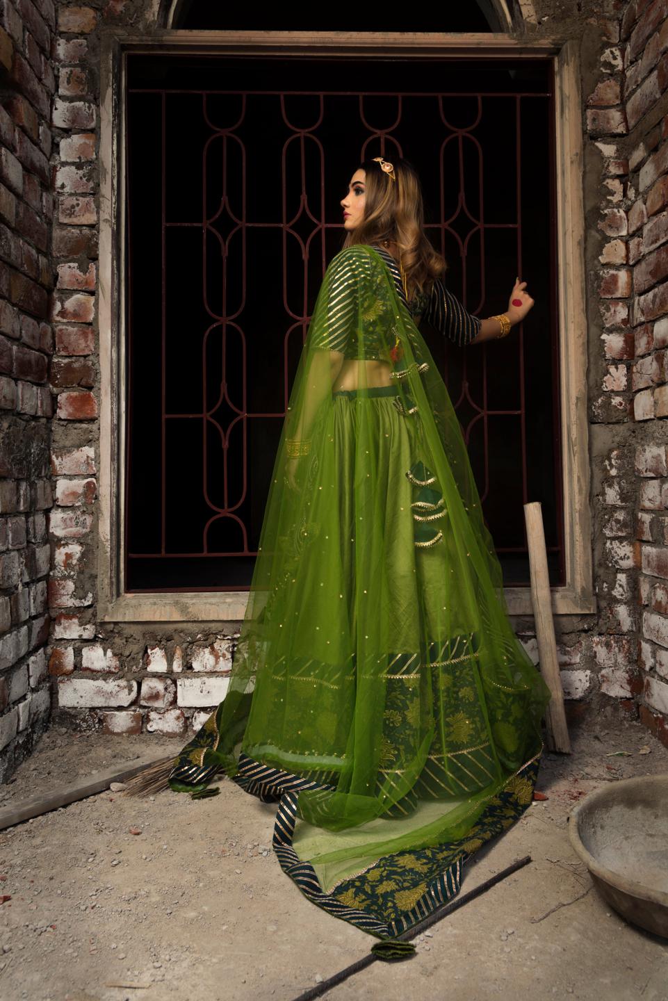 idika-green-cotton-silk-lehenga-set-11423132GR, Women Indian Ethnic Clothing, Cotton Silk Lehenga Choli