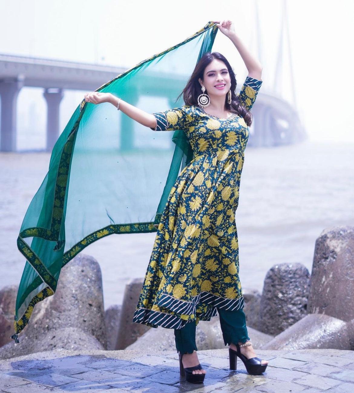 idika-green-hand-block-anarkali-set-11403167GR, Women Indian Ethnic Clothing, Cotton Kurta Set Dupatta