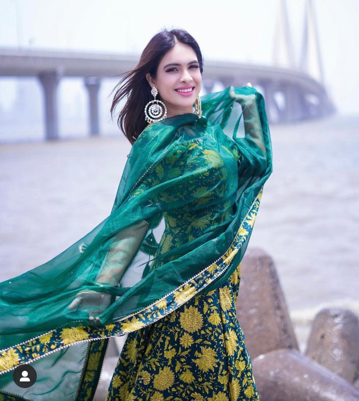 idika-green-hand-block-anarkali-set-11403167GR, Women Indian Ethnic Clothing, Cotton Kurta Set Dupatta