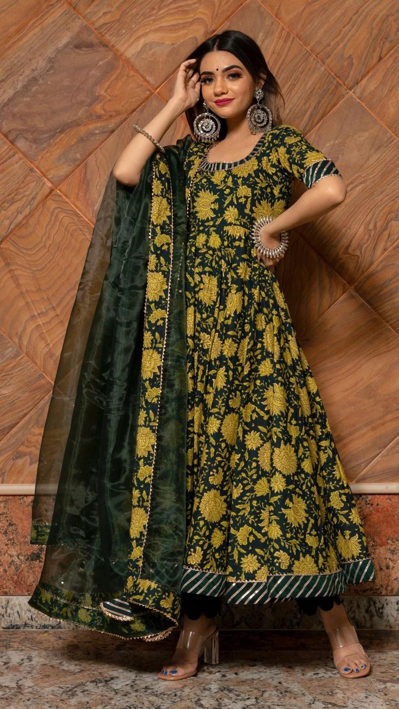 idika-green-hand-block-anarkali-set-11403167GR, Women Indian Ethnic Clothing, Cotton Kurta Set Dupatta