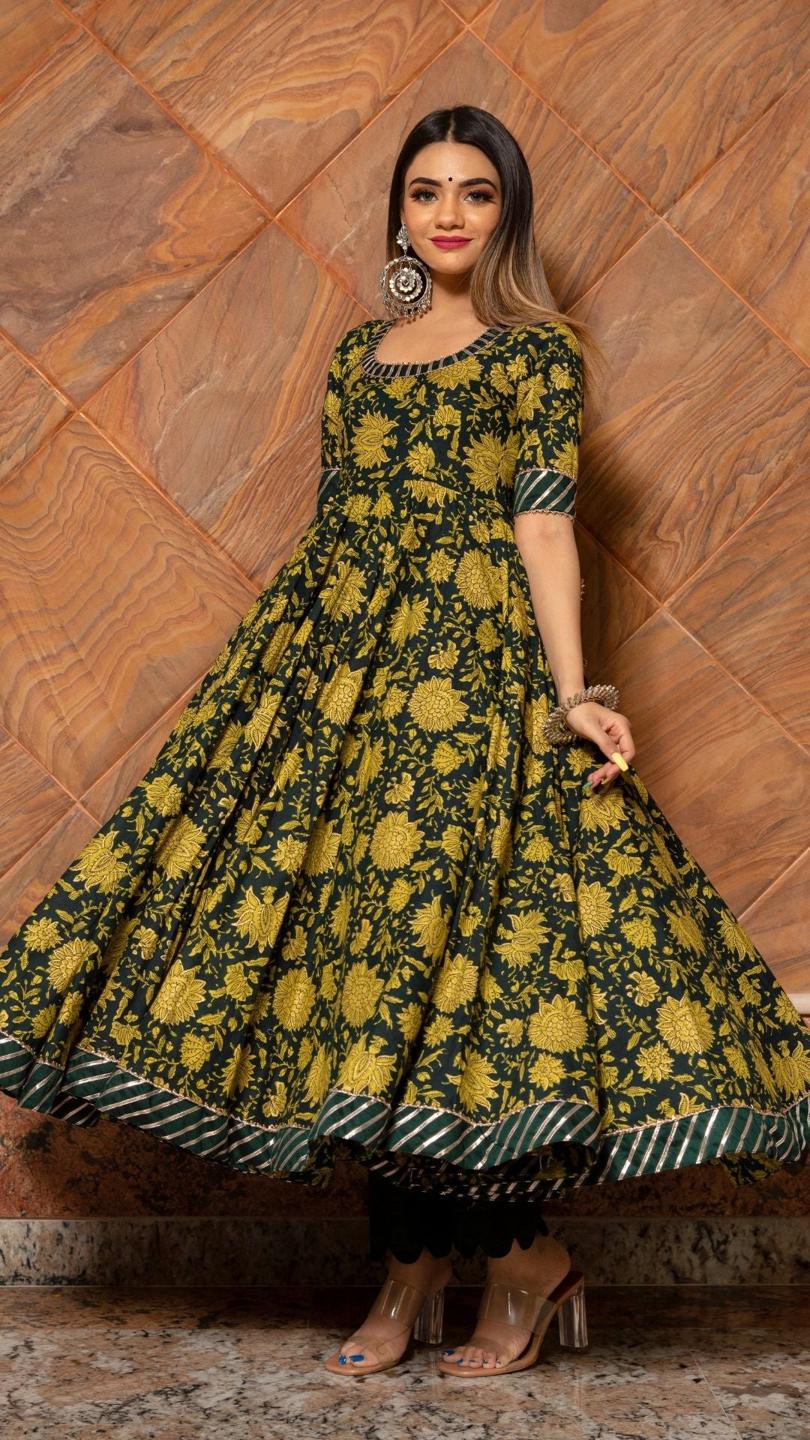 idika-green-hand-block-anarkali-set-11403167GR, Women Indian Ethnic Clothing, Cotton Kurta Set Dupatta