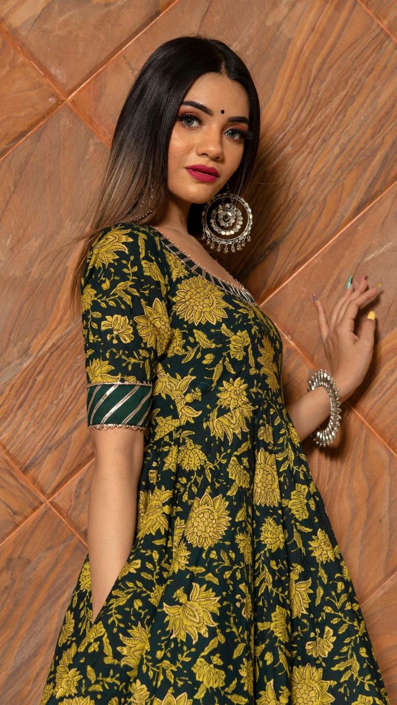 idika-green-hand-block-anarkali-set-11403167GR, Women Indian Ethnic Clothing, Cotton Kurta Set Dupatta