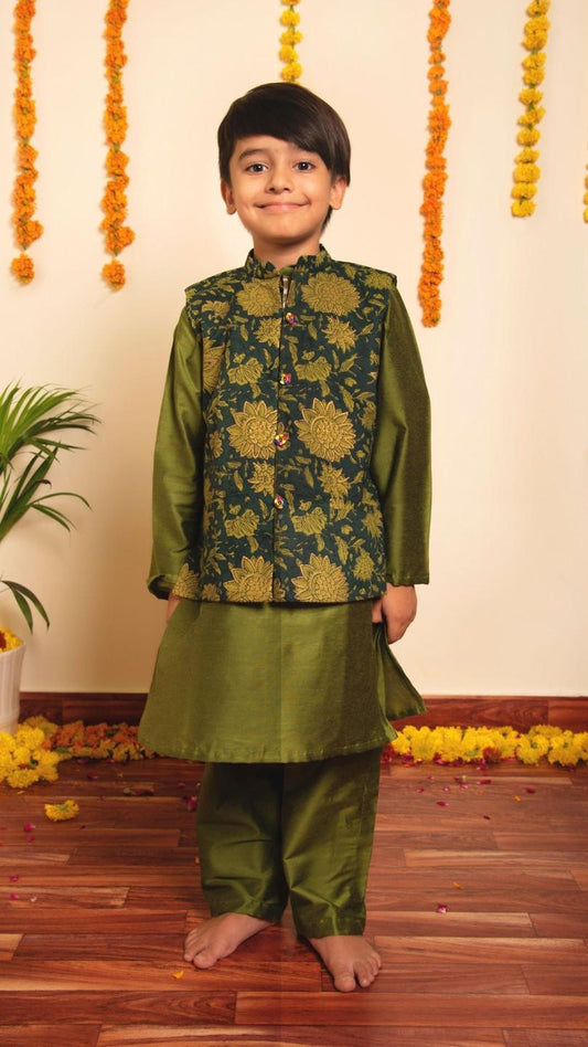 idika-green-kurta-jacket-set-11438021GR, Kids Indian Ethnic Clothing, Cotton Silk Boy Kurta Jacket Set
