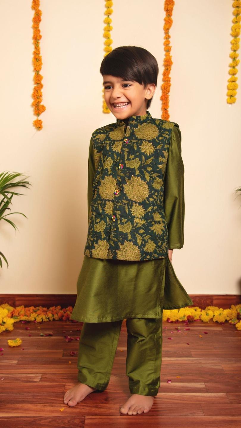 idika-green-kurta-jacket-set-11438021GR, Kids Indian Ethnic Clothing, Cotton Silk Boy Kurta Jacket Set