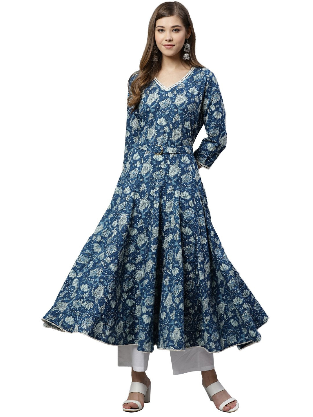 indigo-flaired-kurta-with-belt-10001011BL, Women Indian Ethnic Clothing, Cotton Kurta