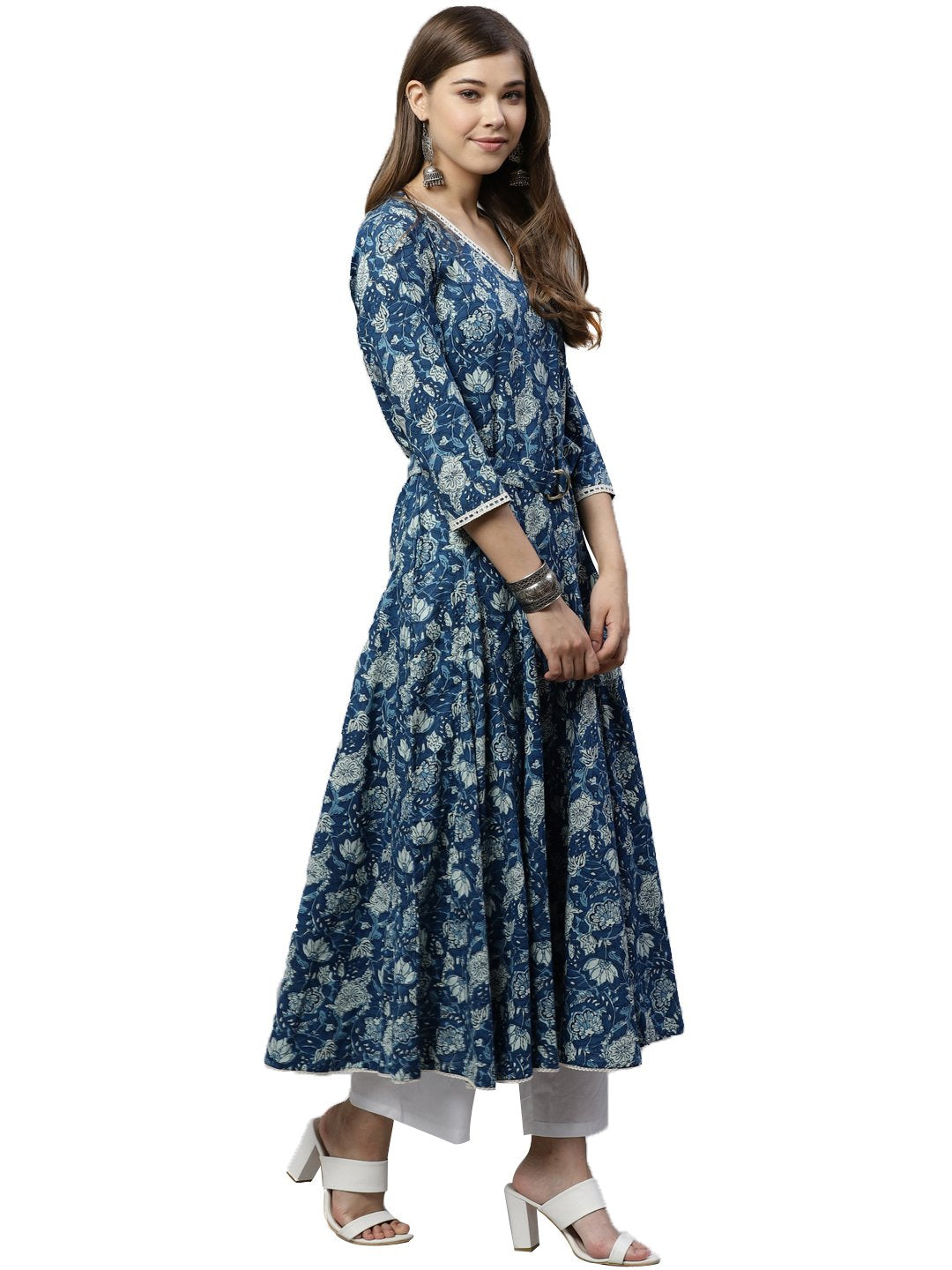 indigo-flaired-kurta-with-belt-10001011BL, Women Indian Ethnic Clothing, Cotton Kurta