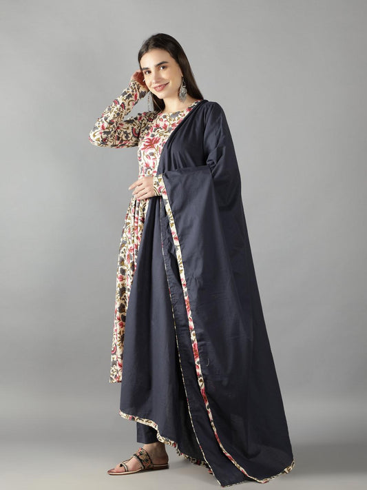 ivory-floral-print-anarkali-suit-set-paired-with-blue-pansy-dupatta-11703137WH, Women Indian Ethnic Clothing, Cotton Kurta Set Dupatta