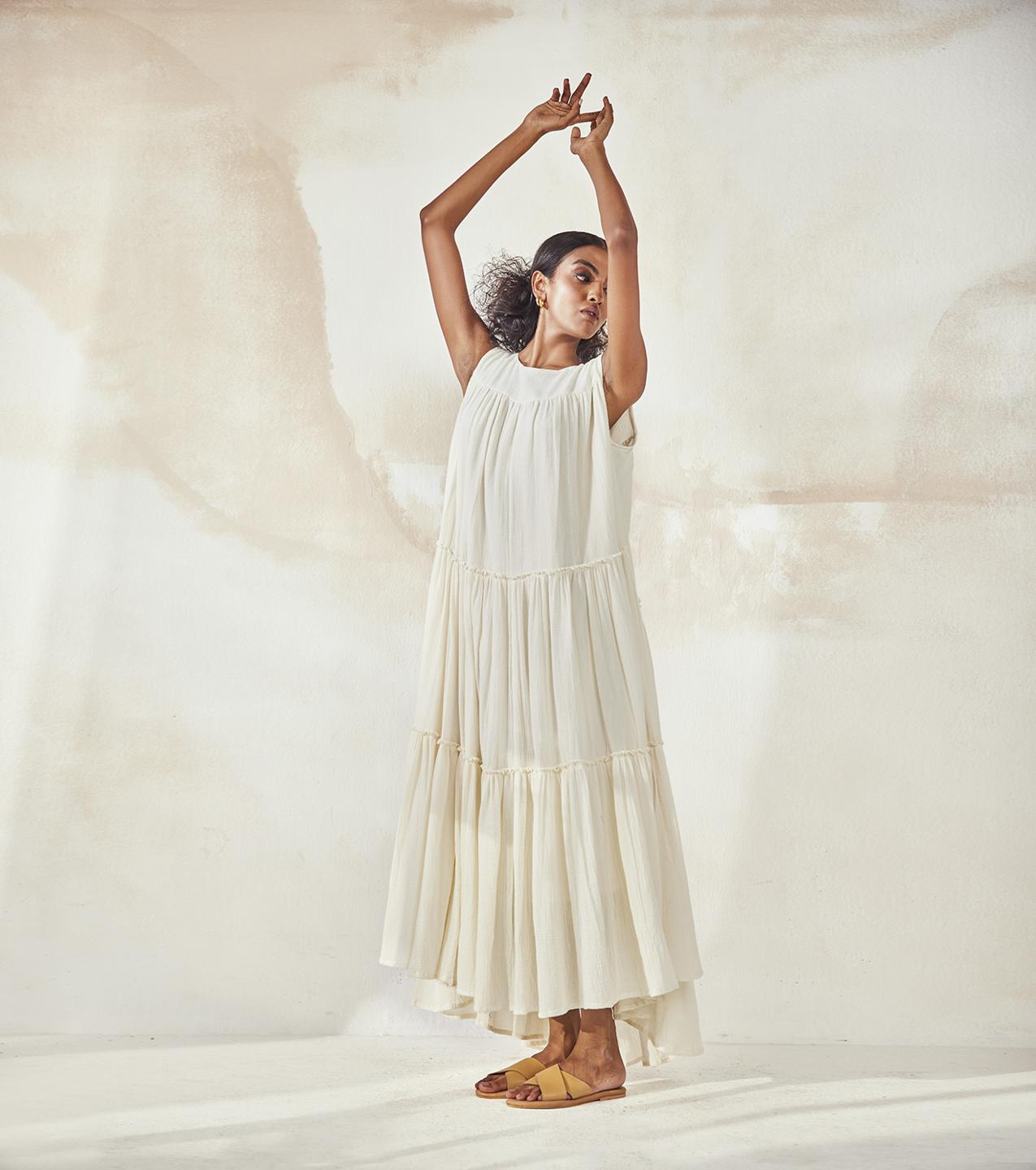 ivory-white-cotton-tiered-dress-11904073WH, Women Clothing, Cotton Dress