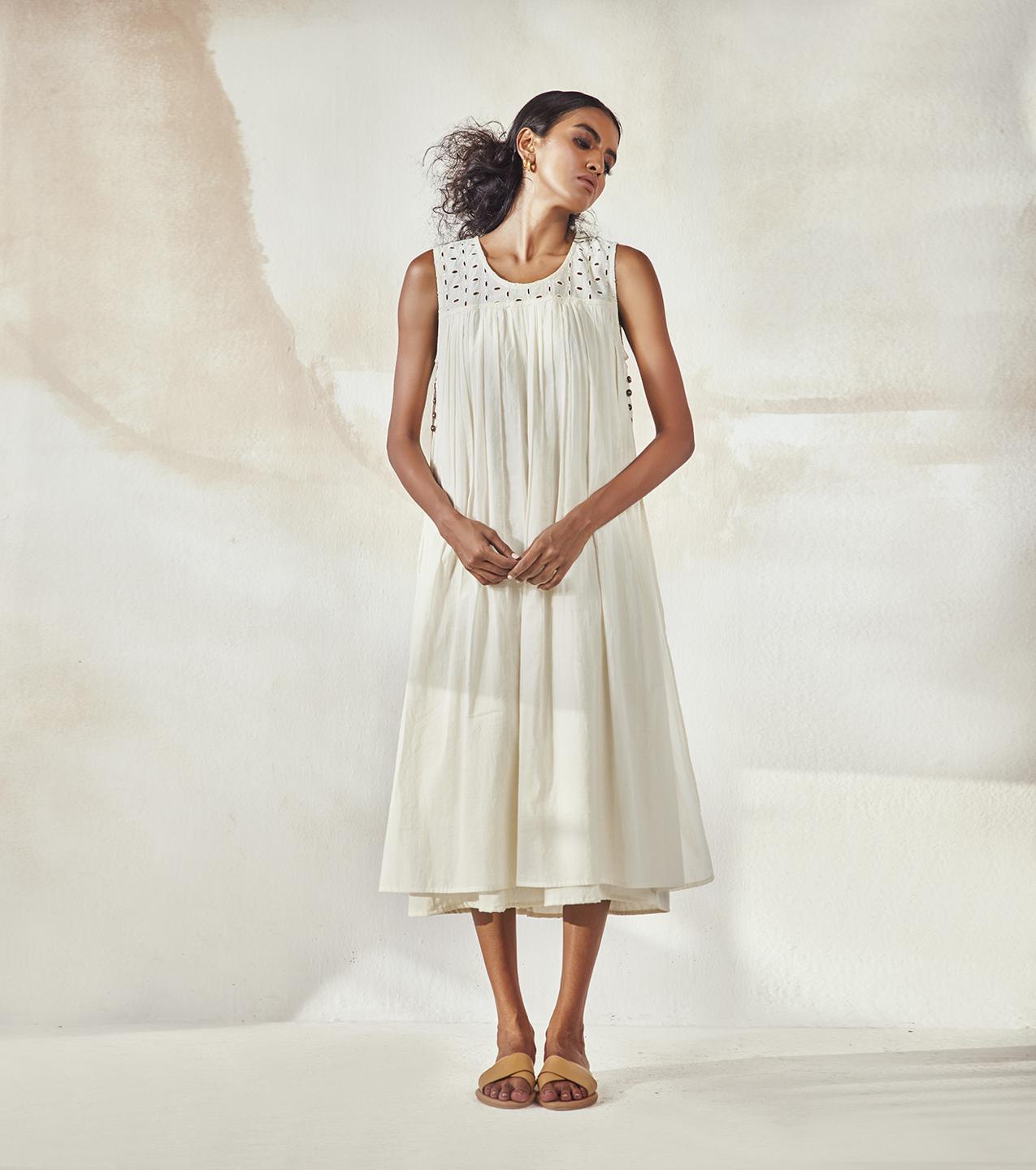ivory-white-mulmul-dress-with-side-button-detailing-11904071WH, Women Clothing, Mulmul Dress