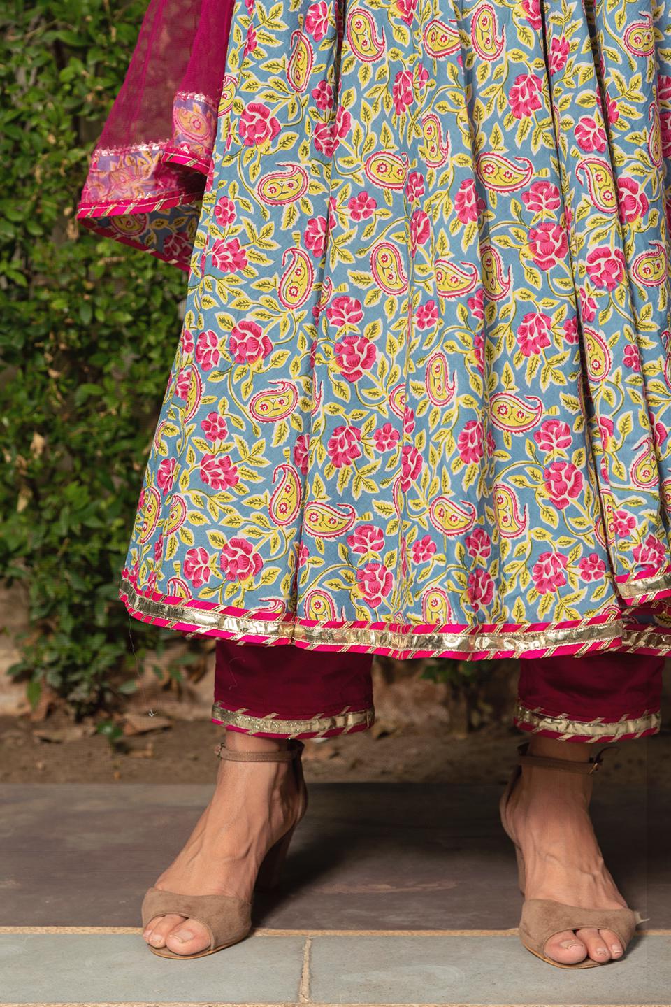 jaipuri-hand-block-cotton-anarkali-set-11403152GR, Women Indian Ethnic Clothing, Cotton Kurta Set Dupatta