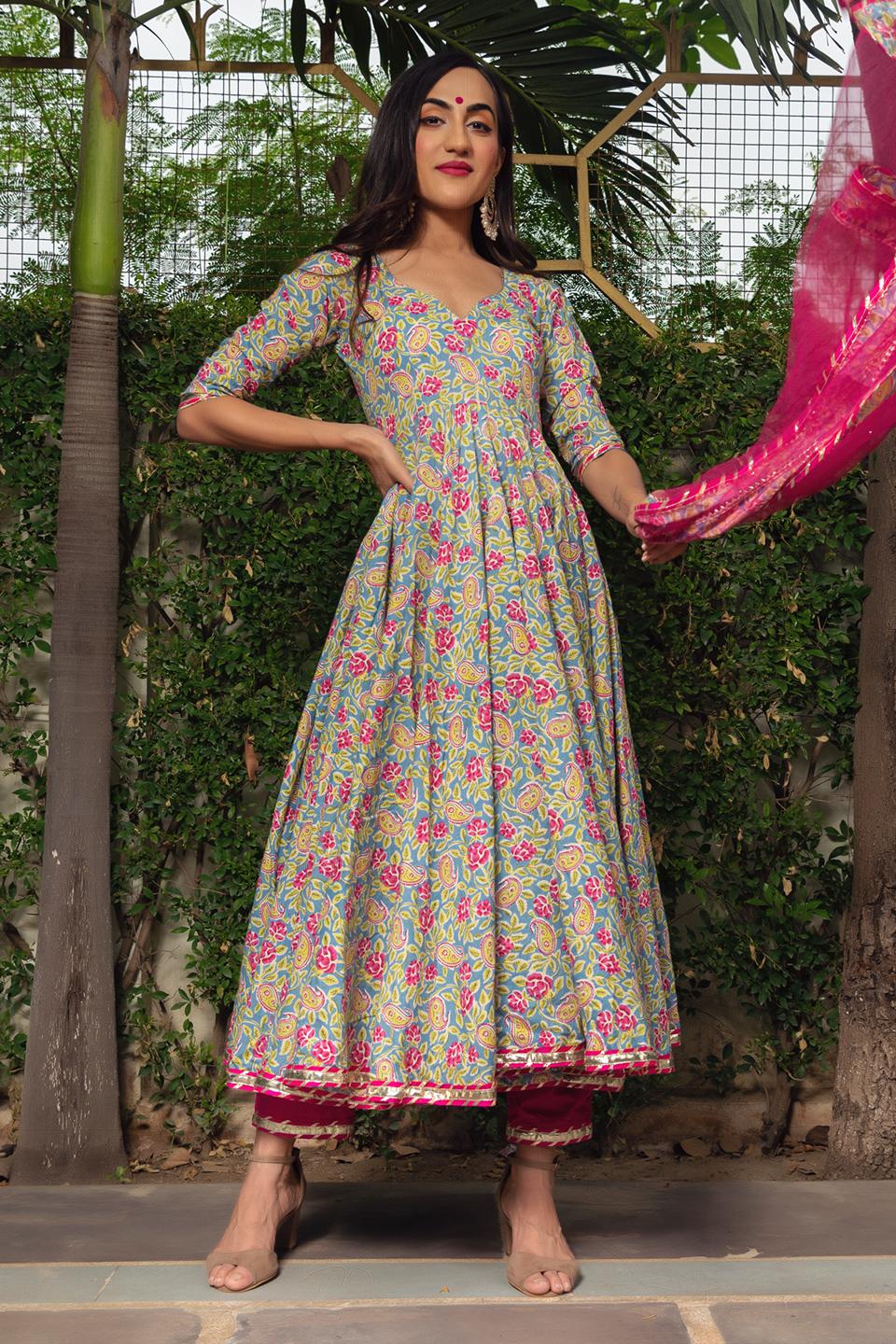 jaipuri-hand-block-cotton-anarkali-set-11403152GR, Women Indian Ethnic Clothing, Cotton Kurta Set Dupatta