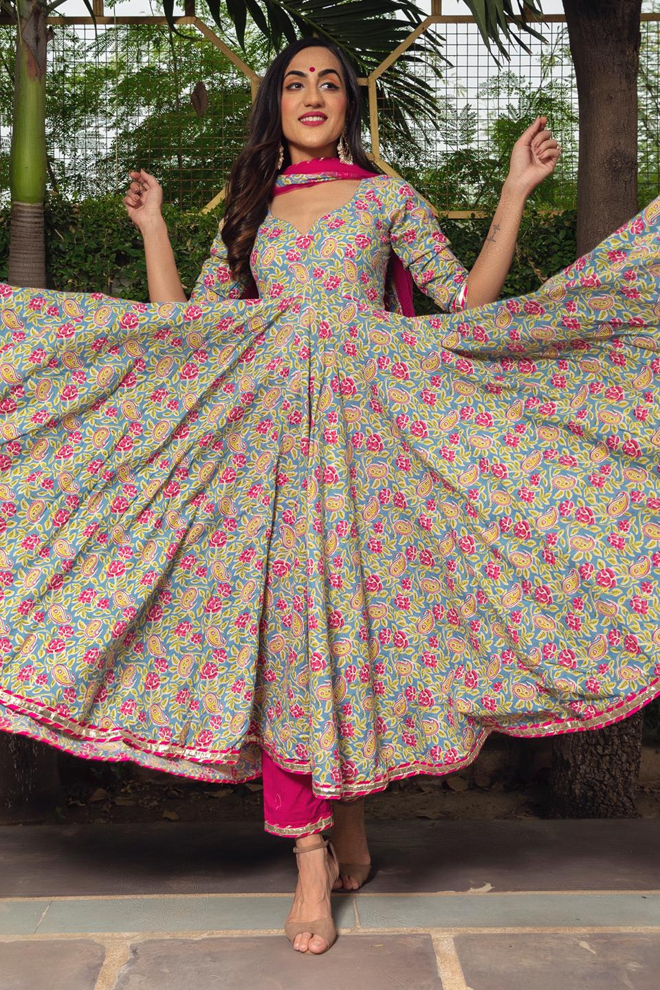 jaipuri-hand-block-cotton-anarkali-set-11403152GR, Women Indian Ethnic Clothing, Cotton Kurta Set Dupatta