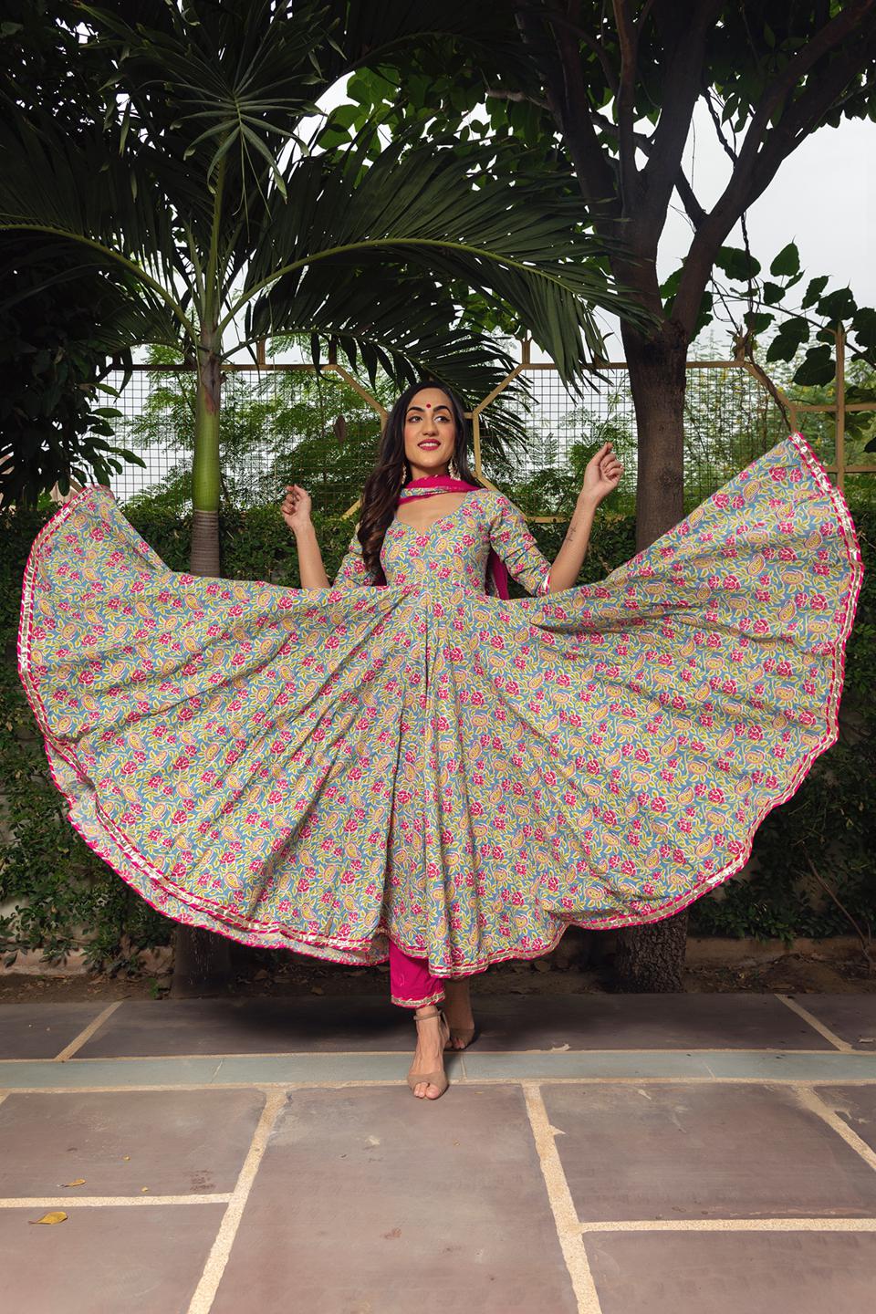 jaipuri-hand-block-cotton-anarkali-set-11403152GR, Women Indian Ethnic Clothing, Cotton Kurta Set Dupatta