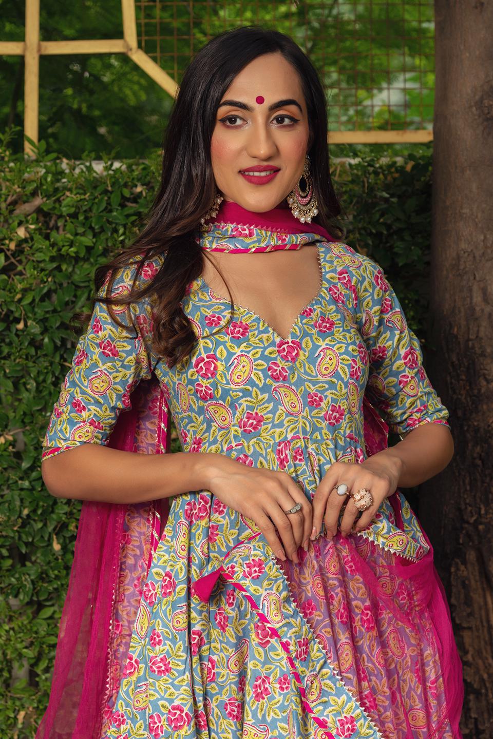 jaipuri-hand-block-cotton-anarkali-set-11403152GR, Women Indian Ethnic Clothing, Cotton Kurta Set Dupatta