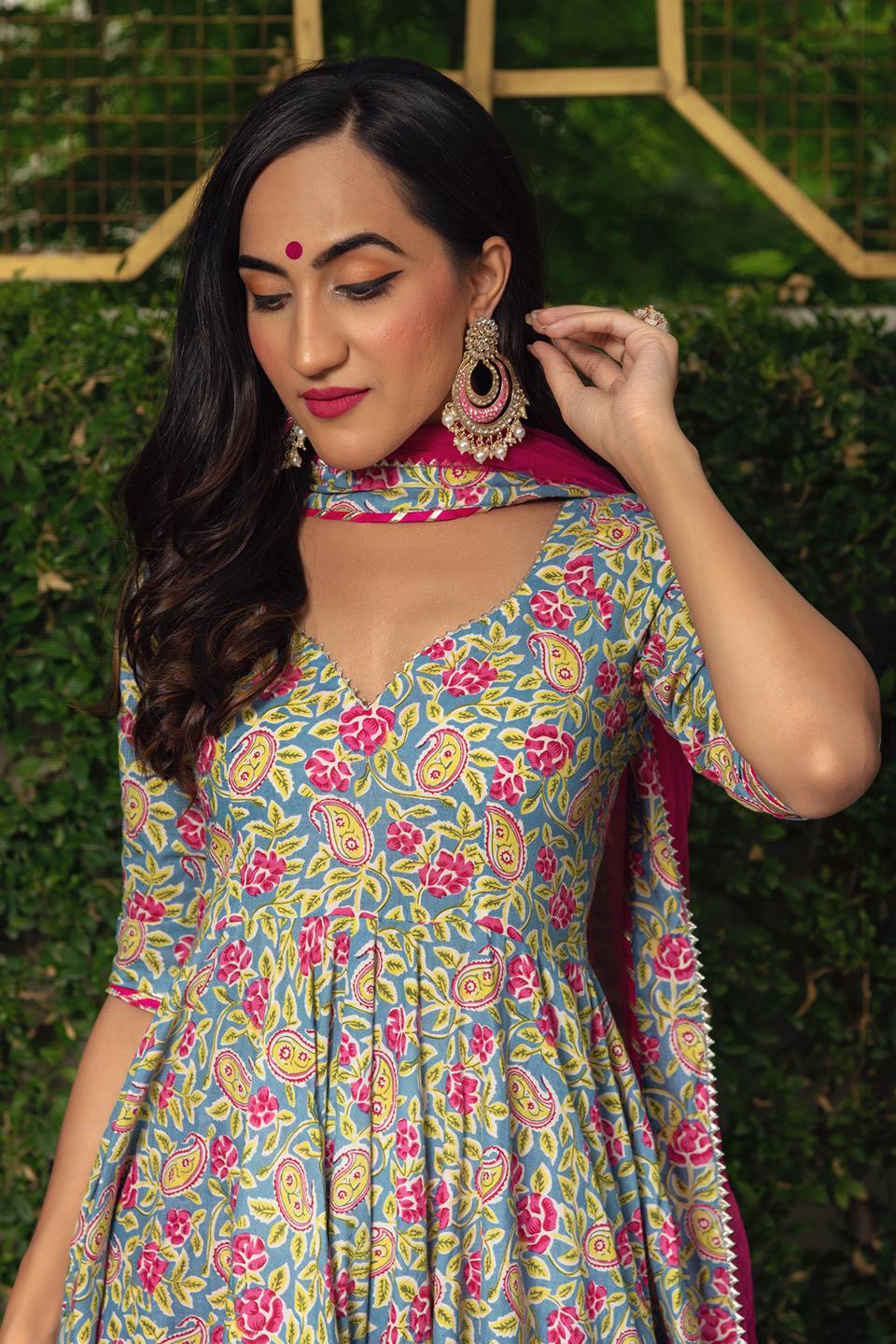 jaipuri-hand-block-cotton-anarkali-set-11403152GR, Women Indian Ethnic Clothing, Cotton Kurta Set Dupatta