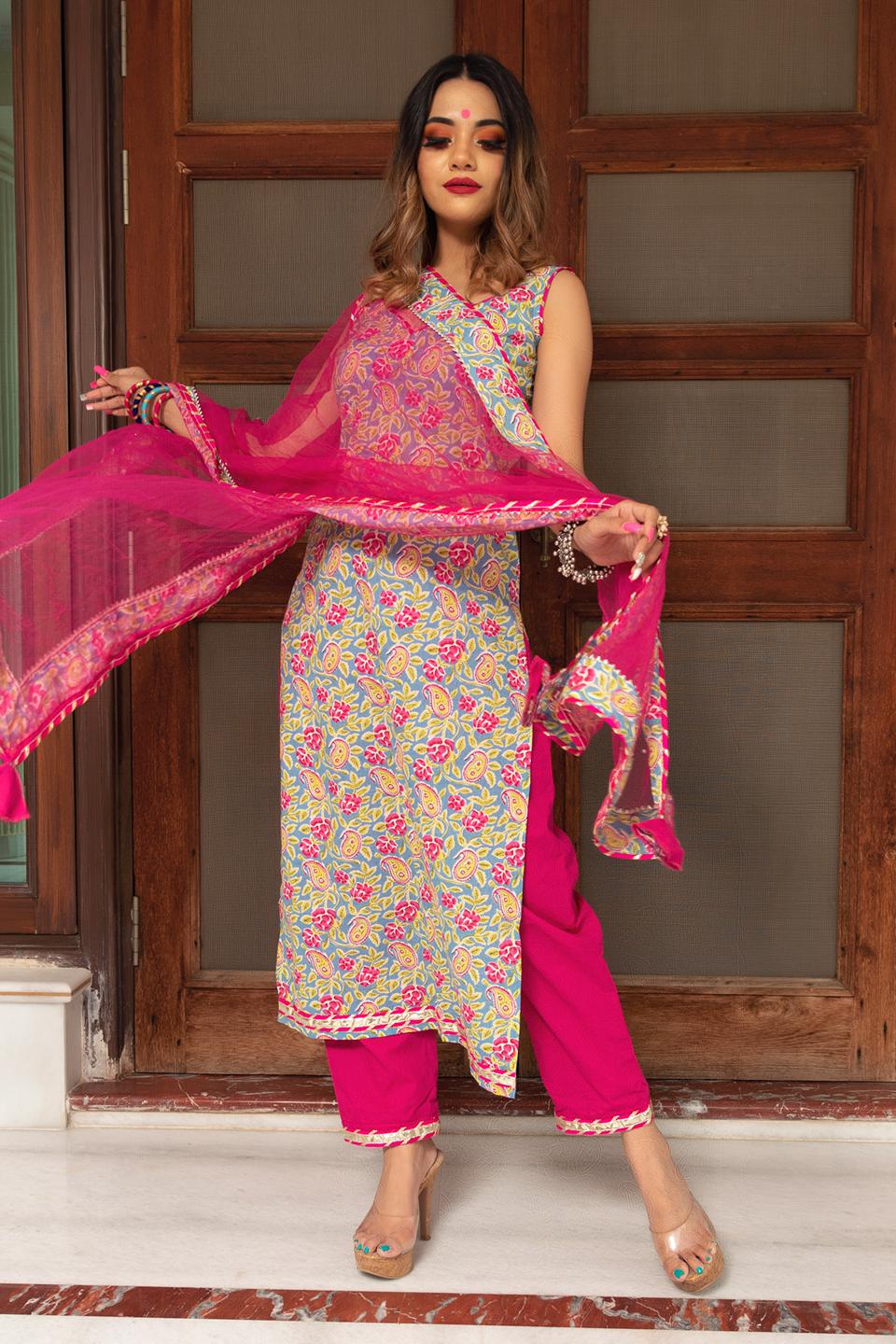 jaipuri-straight-cotton-suit-set-11403153GR, Women Indian Ethnic Clothing, Cotton Kurta Set Dupatta