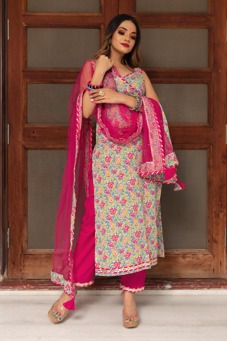 jaipuri-straight-cotton-suit-set-11403153GR, Women Indian Ethnic Clothing, Cotton Kurta Set Dupatta