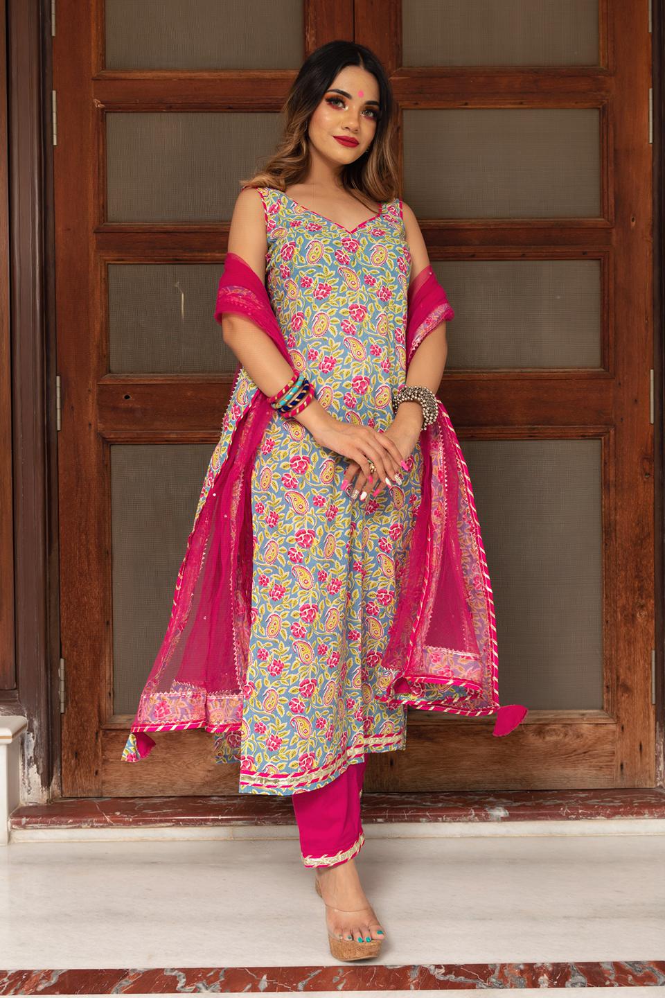 jaipuri-straight-cotton-suit-set-11403153GR, Women Indian Ethnic Clothing, Cotton Kurta Set Dupatta