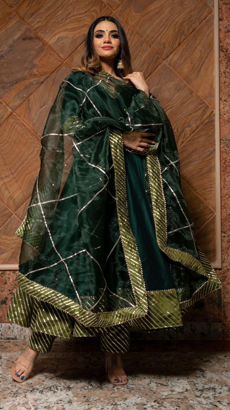 jannat-dark-green-anarkali-set-11403160GR, Women Indian Ethnic Clothing, Cotton Silk Kurta Set Dupatta