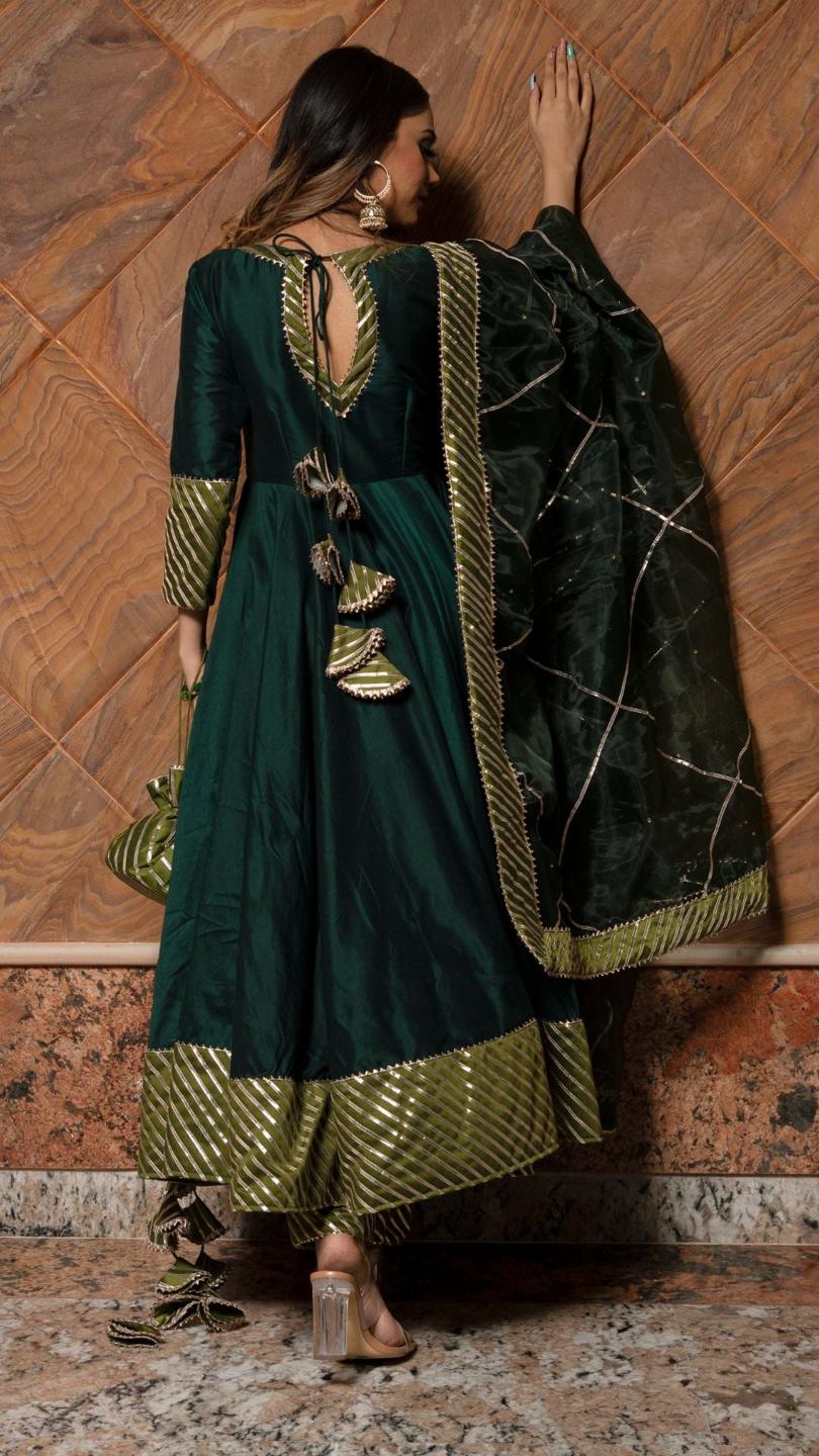 jannat-dark-green-anarkali-set-11403160GR, Women Indian Ethnic Clothing, Cotton Silk Kurta Set Dupatta