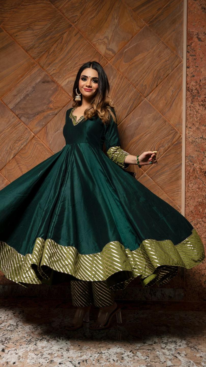 jannat-dark-green-anarkali-set-11403160GR, Women Indian Ethnic Clothing, Cotton Silk Kurta Set Dupatta
