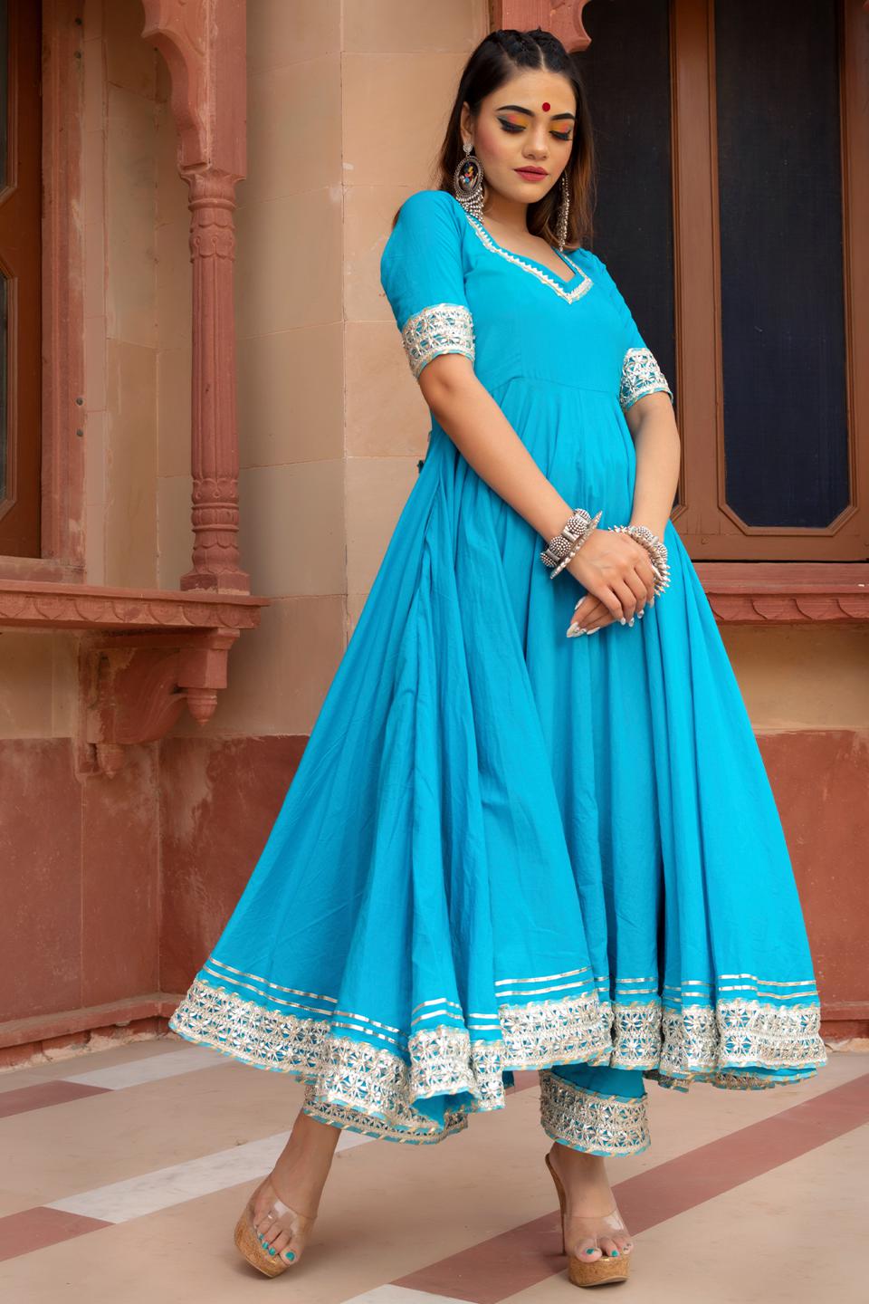 kalamkari-blue-pure-cotton-anarkali-set-11403150BL, Women Indian Ethnic Clothing, Cotton Kurta Set Dupatta