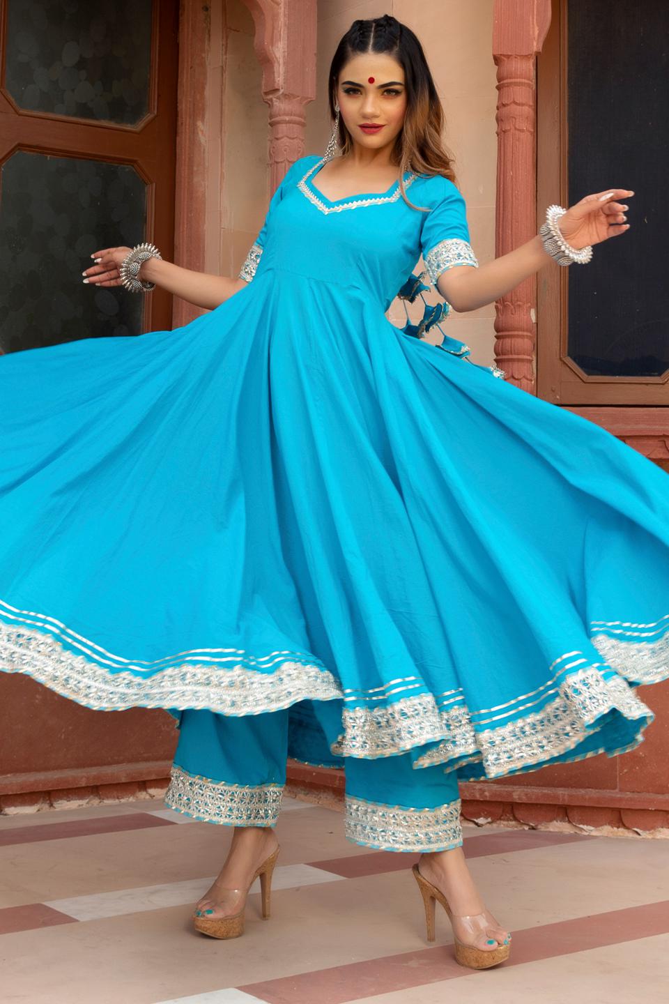 kalamkari-blue-pure-cotton-anarkali-set-11403150BL, Women Indian Ethnic Clothing, Cotton Kurta Set Dupatta