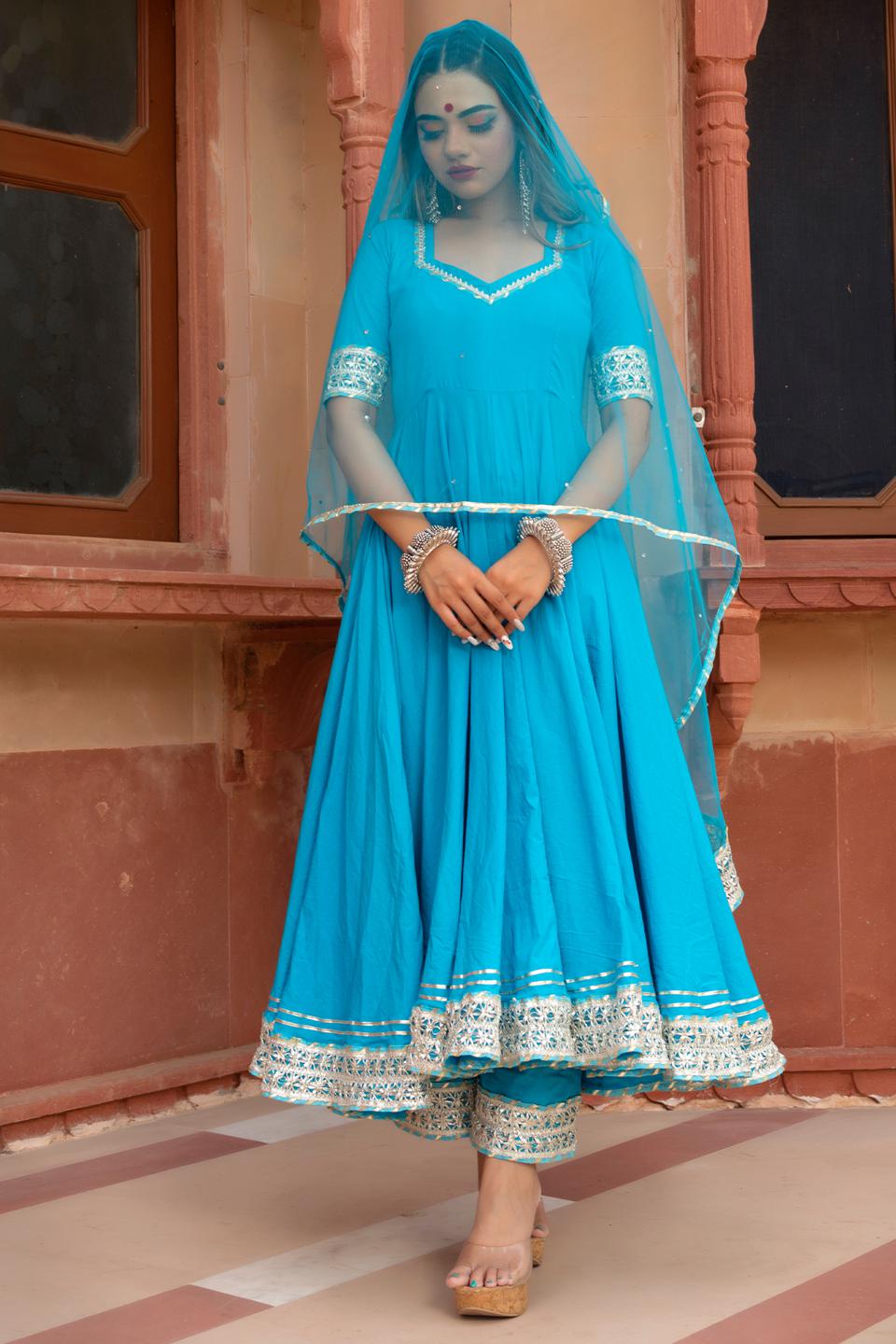 kalamkari-blue-pure-cotton-anarkali-set-11403150BL, Women Indian Ethnic Clothing, Cotton Kurta Set Dupatta