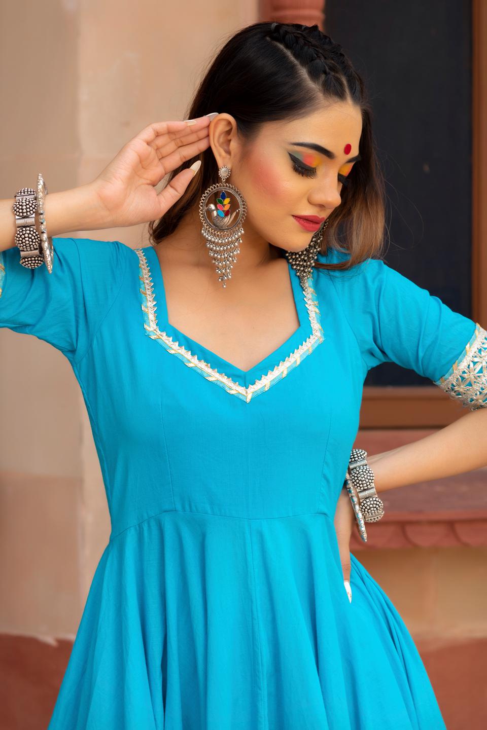 kalamkari-blue-pure-cotton-anarkali-set-11403150BL, Women Indian Ethnic Clothing, Cotton Kurta Set Dupatta