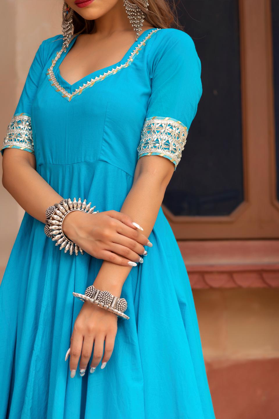kalamkari-blue-pure-cotton-anarkali-set-11403150BL, Women Indian Ethnic Clothing, Cotton Kurta Set Dupatta