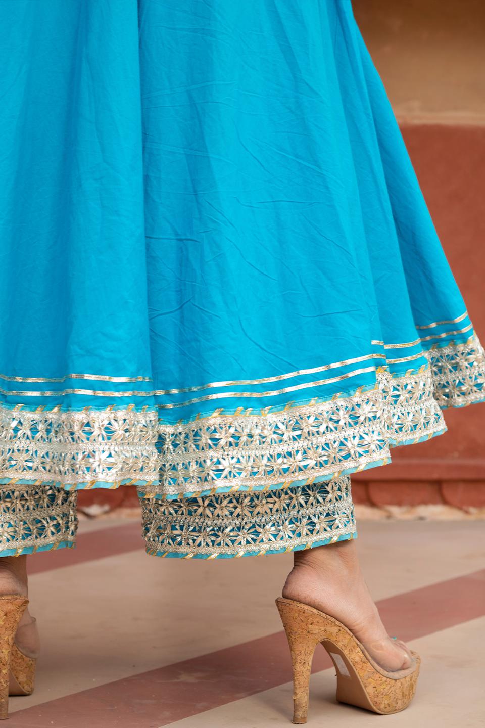 kalamkari-blue-pure-cotton-anarkali-set-11403150BL, Women Indian Ethnic Clothing, Cotton Kurta Set Dupatta
