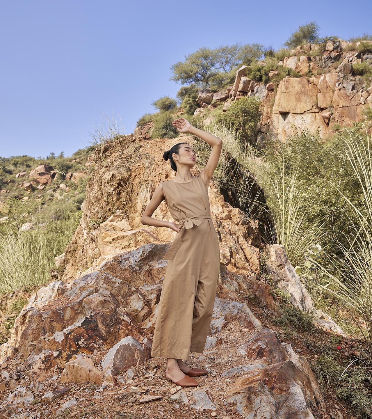 khaki-brown-sleeveless-cotton-poplin-jumpsuit-11924040YL, Women Clothing, Cotton Jumpsuit