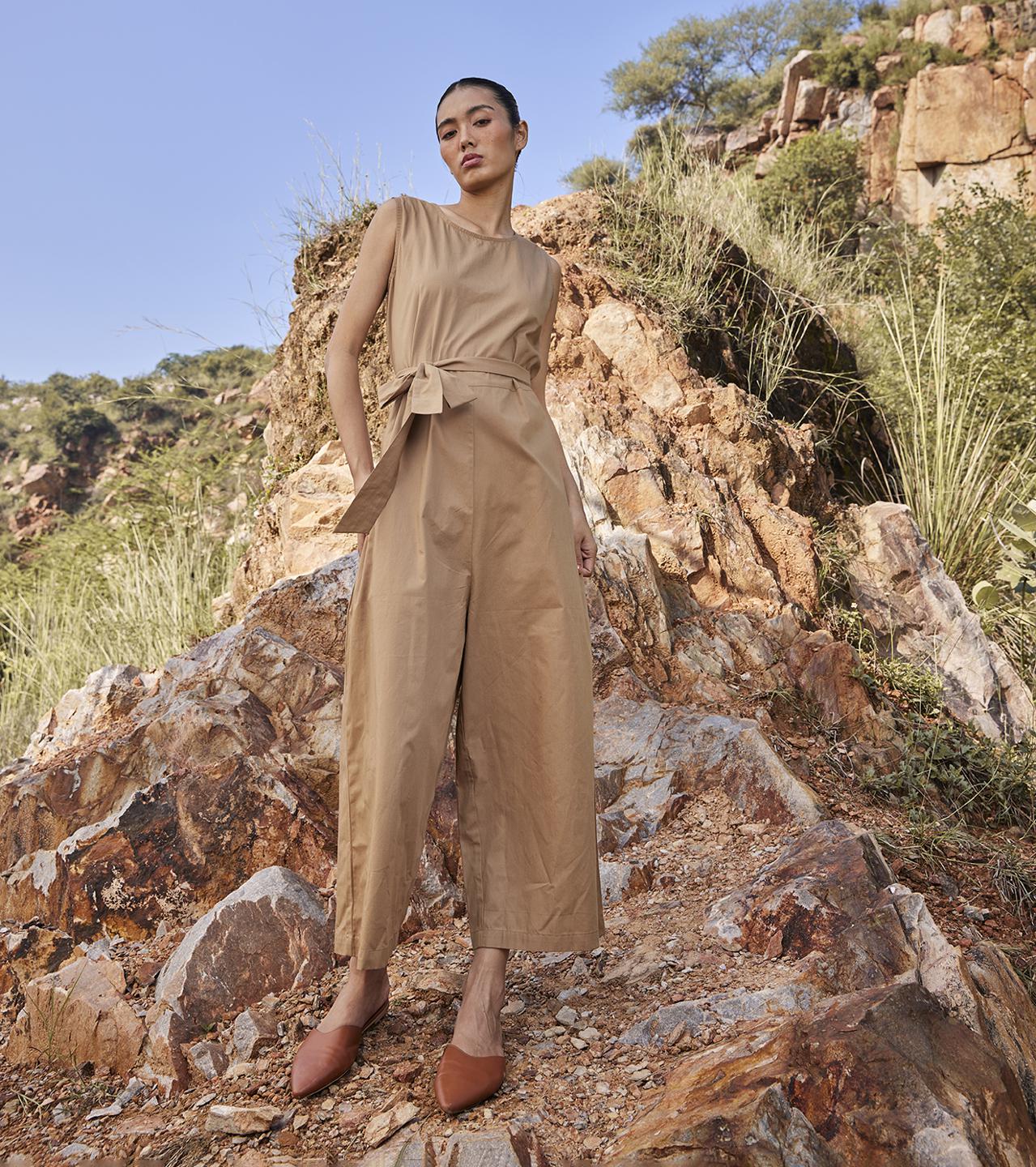 khaki-brown-sleeveless-cotton-poplin-jumpsuit-11924040YL, Women Clothing, Cotton Jumpsuit