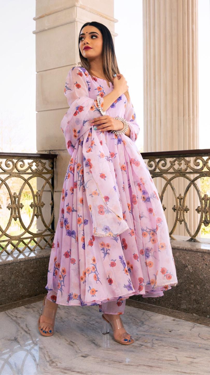 lavender-gangaur-printed-organza-anarkali-11403166PR, Women Indian Ethnic Clothing, Cotton Kurta Set Dupatta
