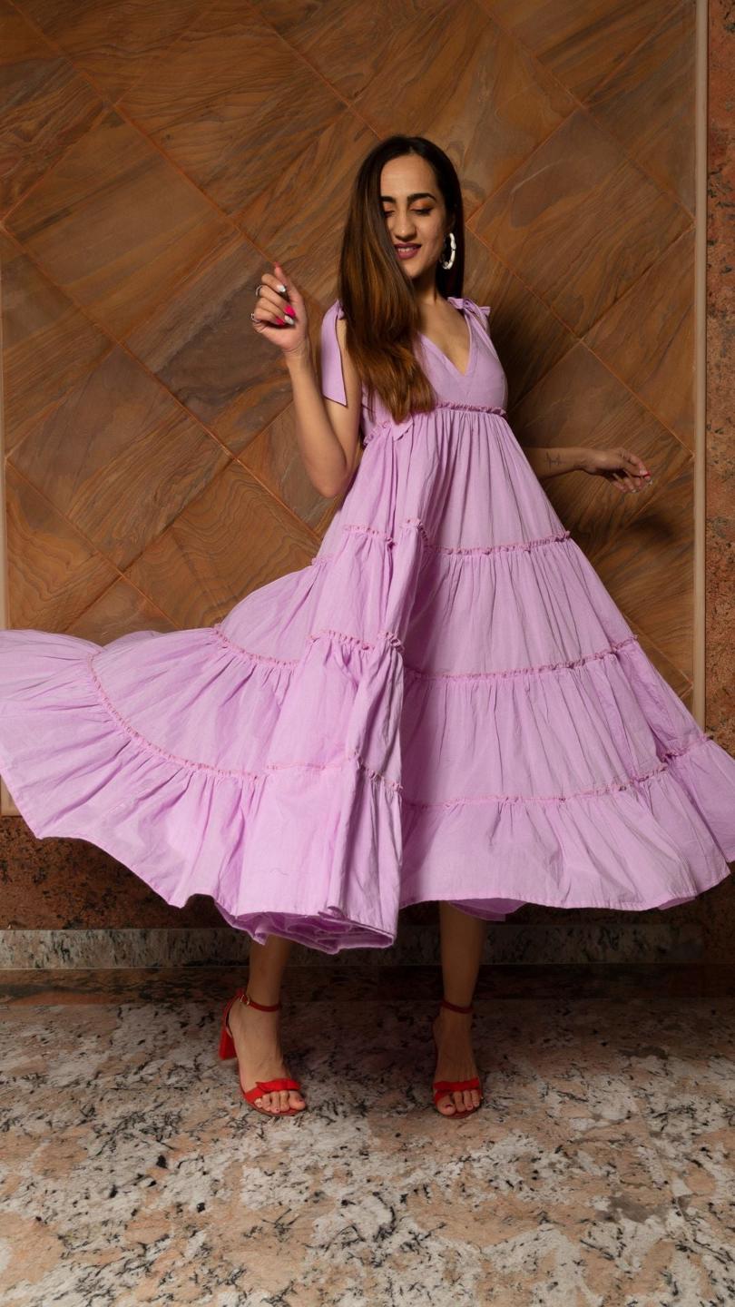 lavender-pure-cotton-tiered-dress-11404169PR, Women Clothing, Cotton Dress