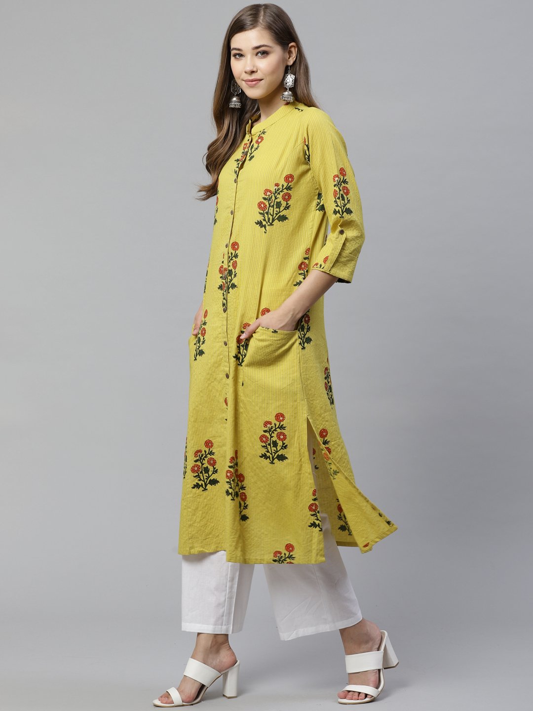 lemon-yellow-straight-cotton-kurta-10001006YL, Women Indian Ethnic Clothing, Cotton Kurta