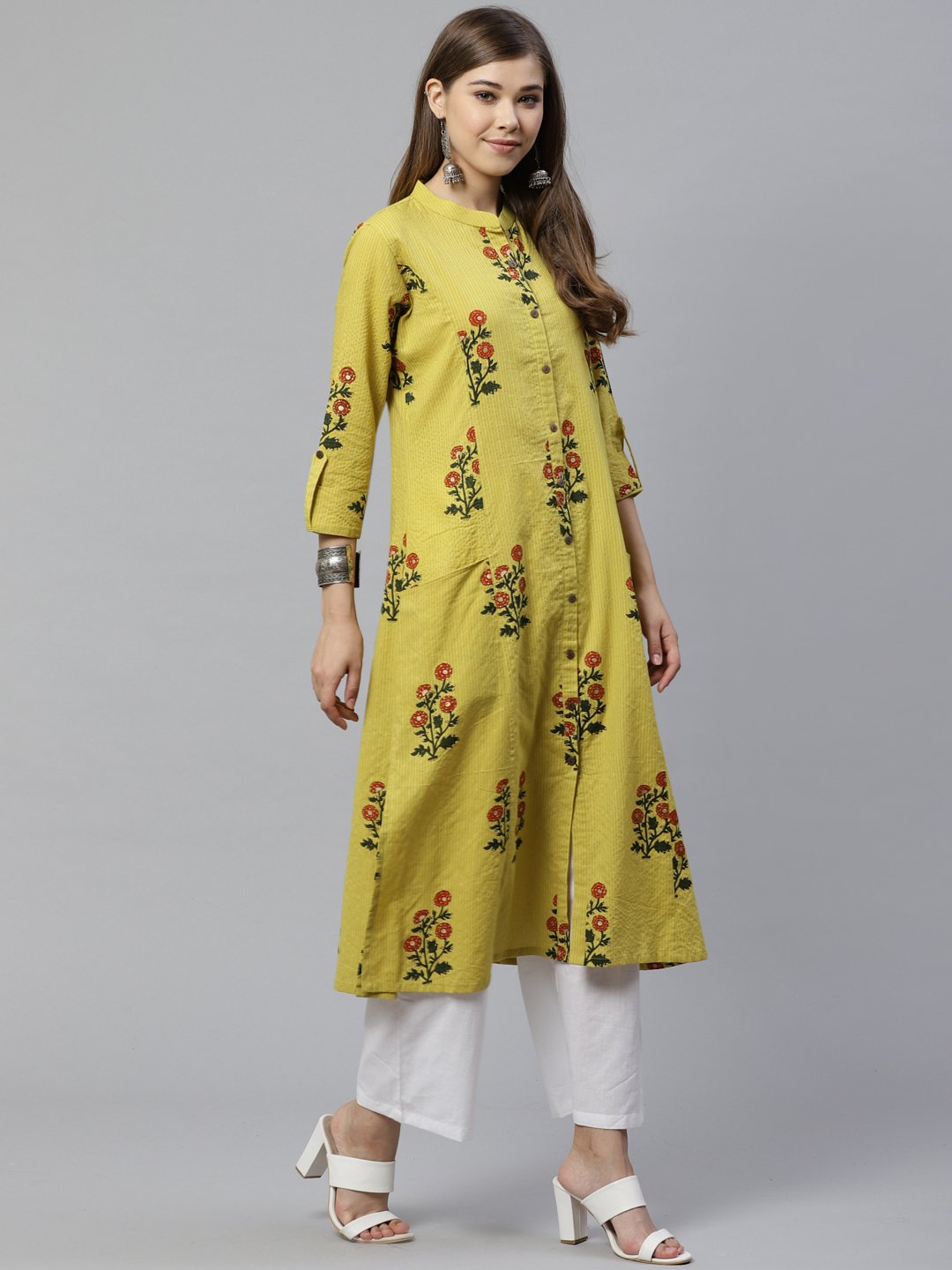 lemon-yellow-straight-cotton-kurta-10001006YL, Women Indian Ethnic Clothing, Cotton Kurta