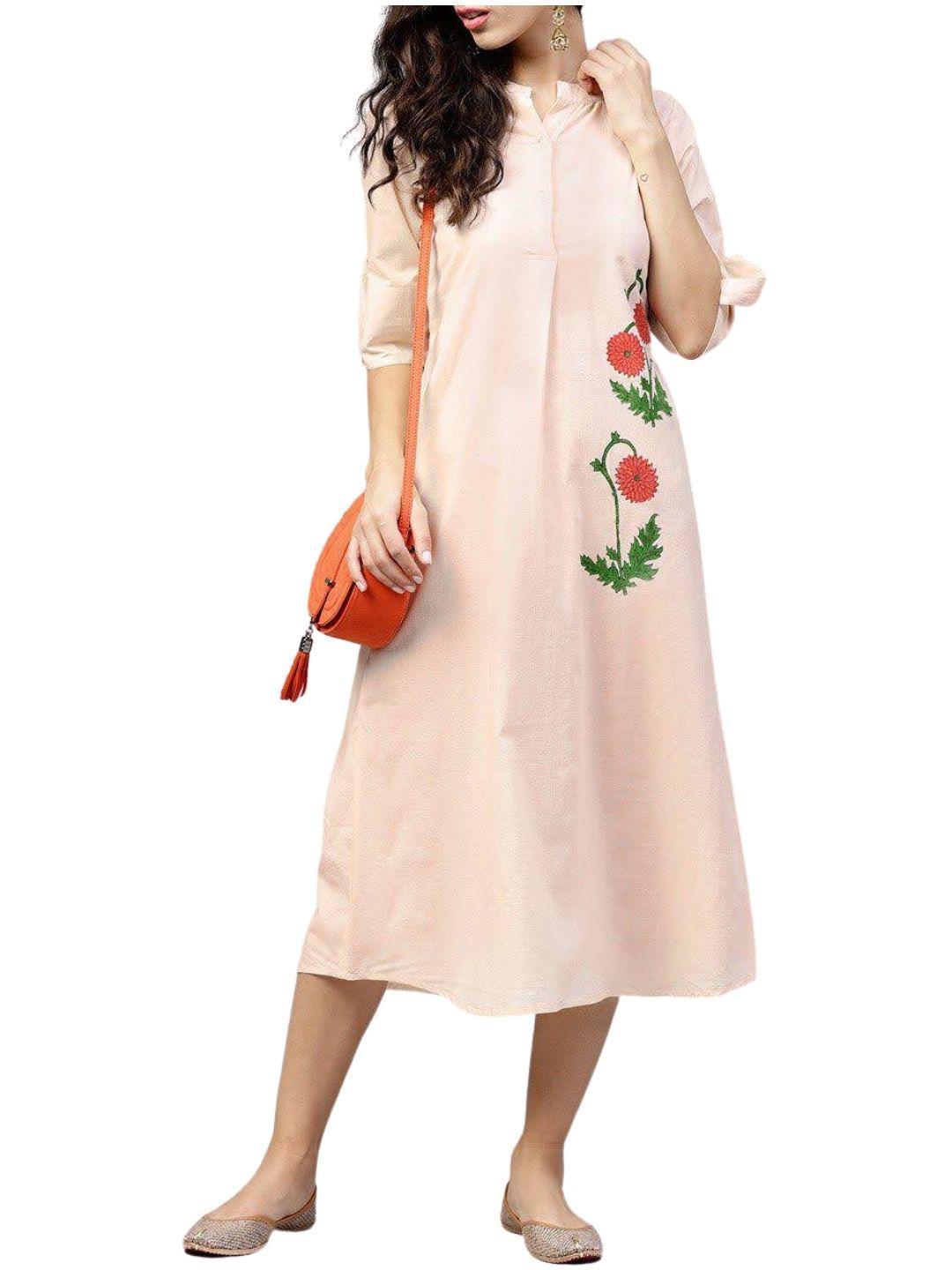 light-peach-madarin-collar-dress-with-front-placket--10204102PC, Women Clothing, Cotton Dress