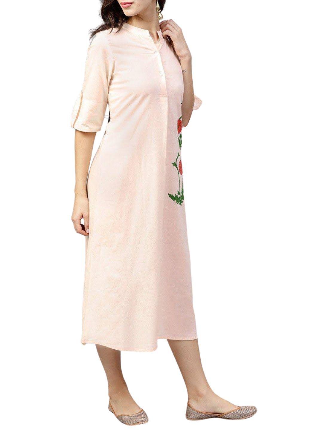 light-peach-madarin-collar-dress-with-front-placket--10204102PC, Women Clothing, Cotton Dress