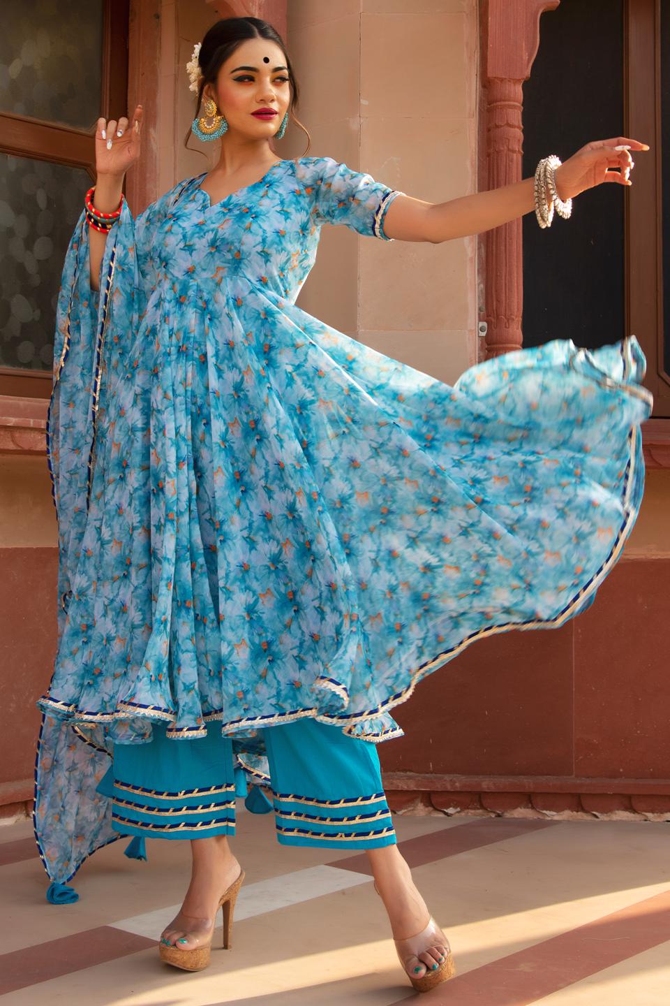 floral chiffon anarkali dress Dark Blue Floral Chiffon Anarkali With Dupatta