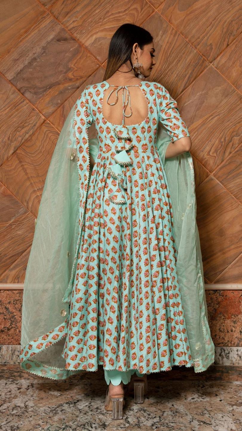 lilly-of-valley-hand-block-anarkali-set-11403165BL, Women Indian Ethnic Clothing, Cotton Kurta Set Dupatta