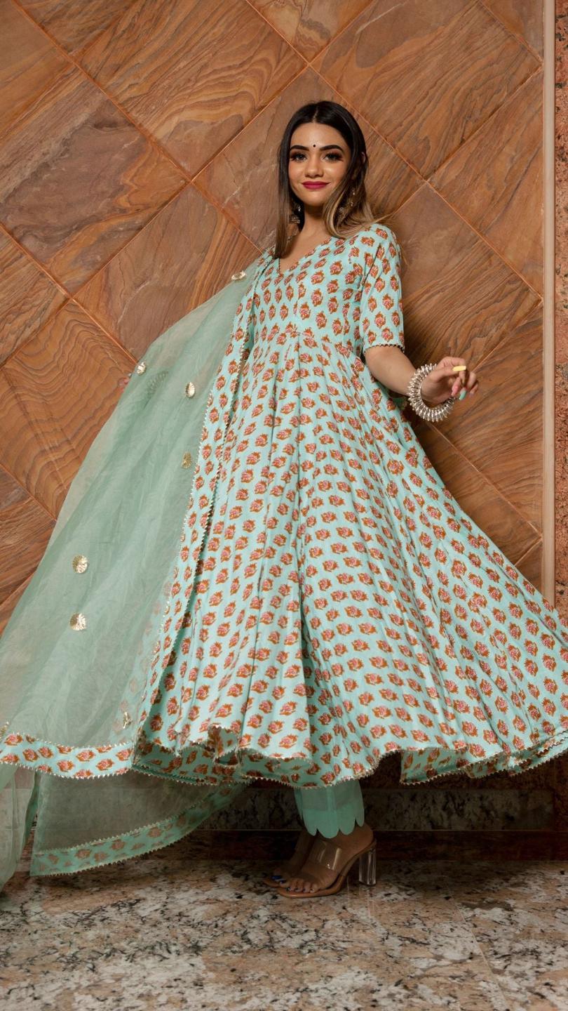 lilly-of-valley-hand-block-anarkali-set-11403165BL, Women Indian Ethnic Clothing, Cotton Kurta Set Dupatta